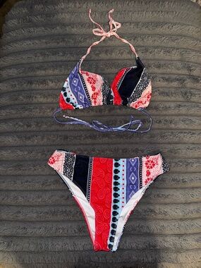 SHEIN Red, Blue, Black & White Patchwork Bandana Print Bikini